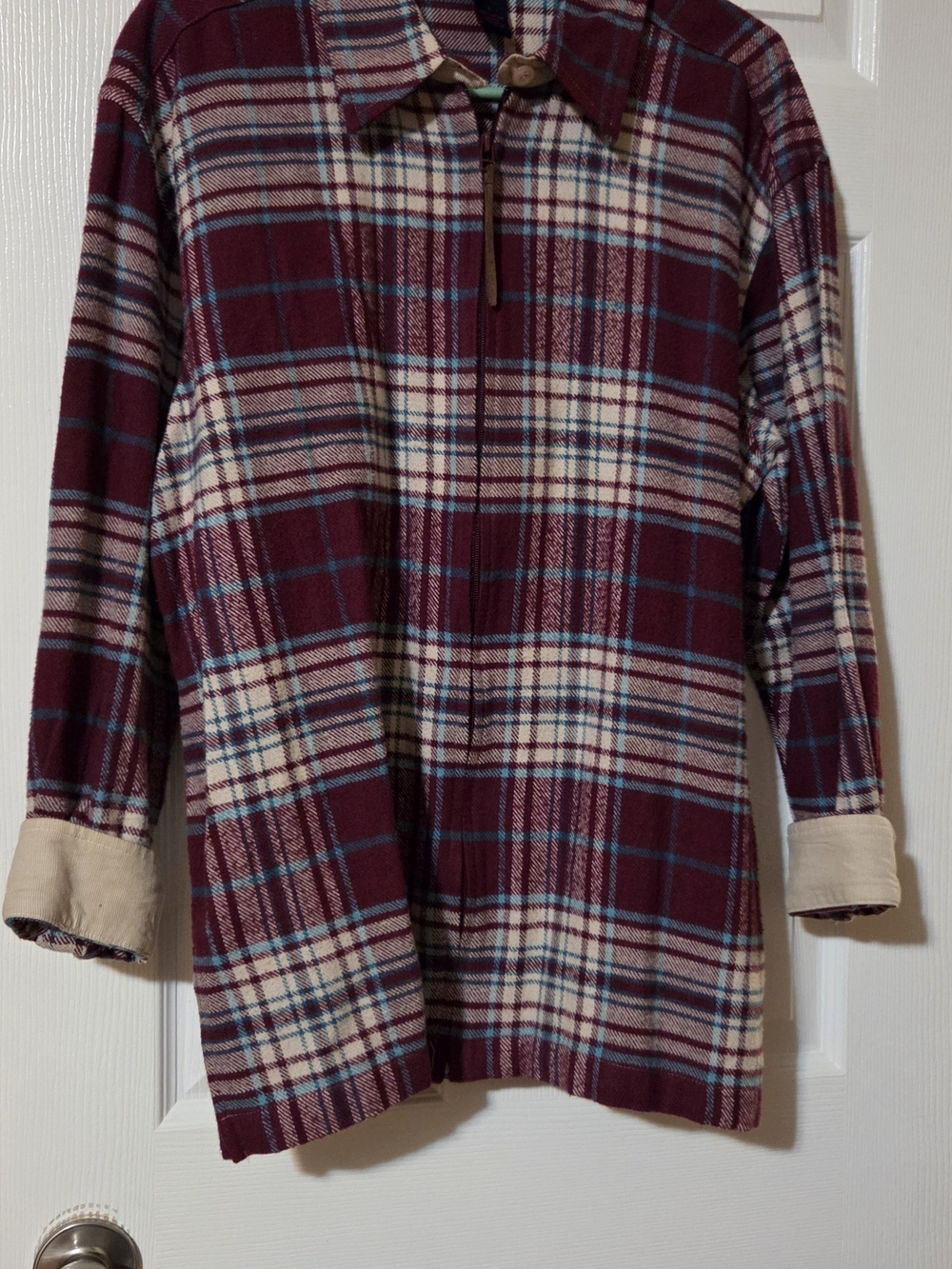 Denim&Co Plaid Zip-Front Coatigan in Burgundy, Cream and Blue